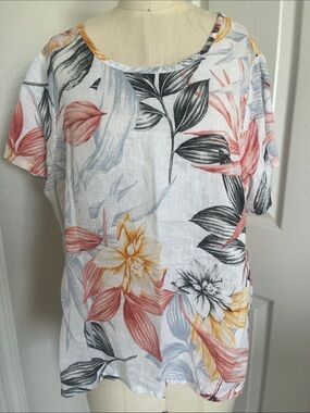 100% Linen C&C California White Colorful Floral Short Sleeve Blouse Beach Resort